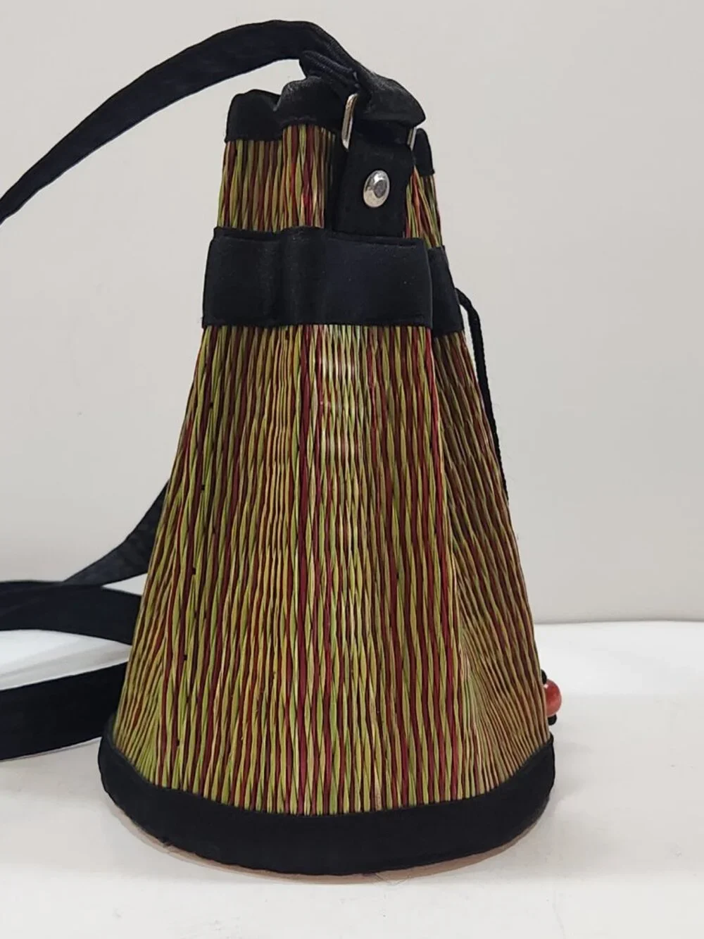 Saraye Tatami Woven Cinch Bucket Bag - Red & Green Grass Stripe